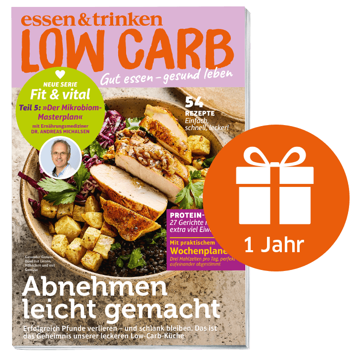 Abbildung Low Carb Cover mit Geschenk-Icon und der Aufschrift "1 Jahr"