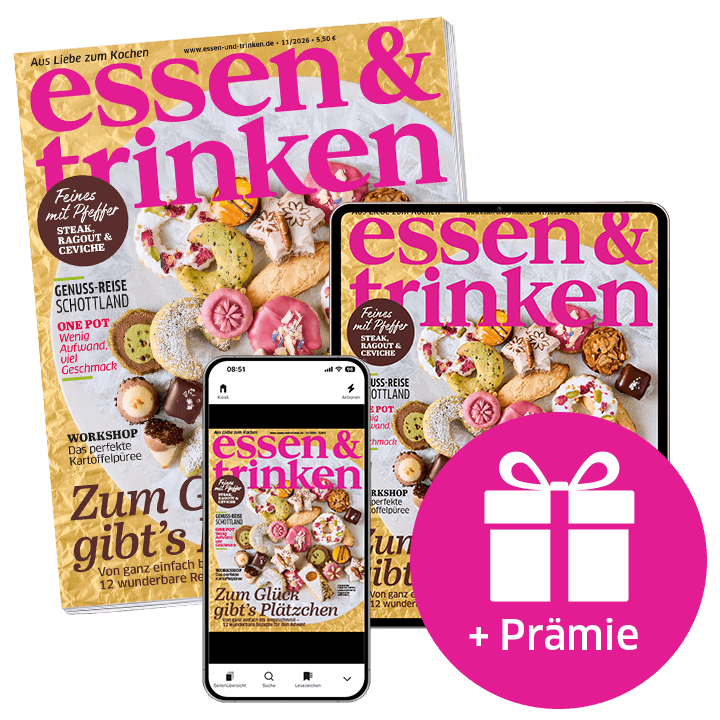 essen & trinken Abo Print + ePaper mit Prämie (Abbildung Heft, Tablet und Smartphone mit e&t-Cover)