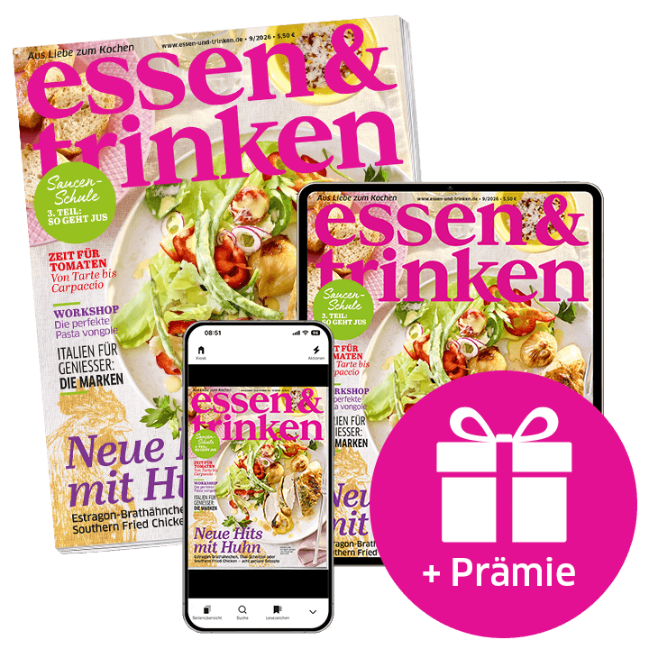 essen & trinken Abo Print + ePaper mit Prämie (Abbildung Heft, Tablet und Smartphone mit e&t-Cover)