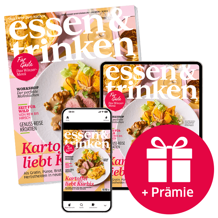 essen & trinken Abo Print + ePaper mit Prämie (Abbildung Heft, Tablet und Smartphone mit e&t-Cover)