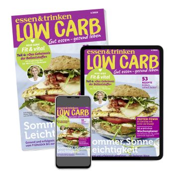 Low Carb Abo Print + ePaper mit Prämie (Abbildung Heft, Tablet und Smartphone mit Low Carb Cover)