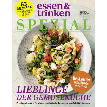 Titelbild der Zeitschrift „essen & trinken SPEZIAL“. Thema: „Lieblinge der Gemüseküche“. Foto eines mediterranen Nudelsalats mit Gemüse und Feta. Oben links gelbes Siegel „83 Rezepte, vegetarisch, low carb, vegan“.