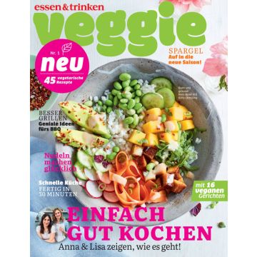 Titelbild des Magazins „essen & trinken veggie“ mit einer bunten Reis-Bowl aus Gemüse, Avocado, Mango und Tofu; Aufschriften zu Themen wie Spargel, BBQ, schnelle Küche, 45 vegetarische Rezepte und 16 vegane Gerichte.