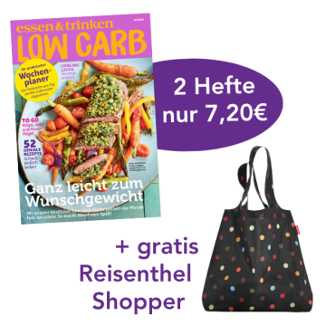 Abbildung Low-Carb-Cover und Reisenthel Mini Maxi Shopper schwarz mit bunten Punkten. 2 Hefte nur 7,20€.