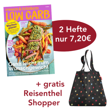Abbildung Low-Carb-Cover und Reisenthel Mini Maxi Shopper schwarz mit bunten Punkten. 2 Hefte nur 7,20€.