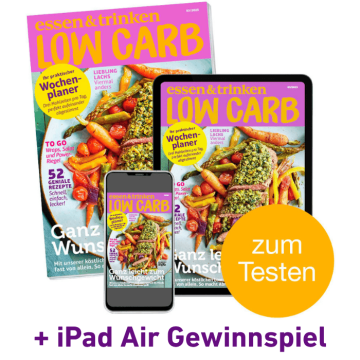 Abbildung Smartphone und Tablet mit Low Carb-Cover + Abbildung des Hefts mit der Aufschrift "zum Testen" und "+ iPad Air Gewinnspiel"