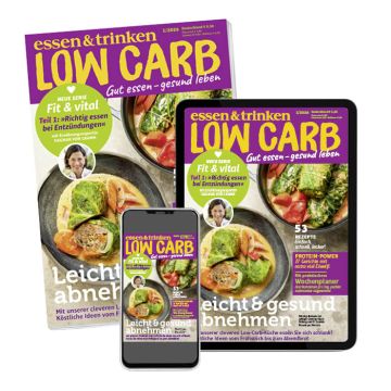 Low Carb Abo Print + ePaper mit Prämie (Abbildung Heft, Tablet und Smartphone mit Low Carb Cover)