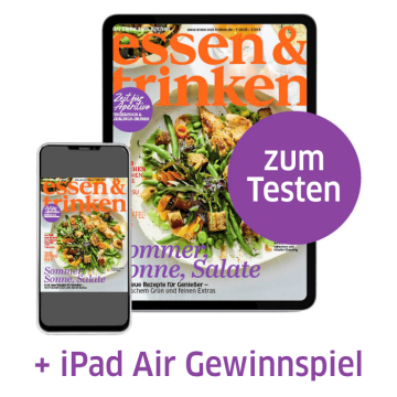 Abbildung Smartphone und Tablet mit e&t-Cover mit der Aufschrift "zum Testen" und "+ iPad Air Gewinnspiel"