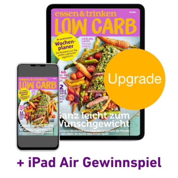 Abbildung Smartphone und Tablet mit Low Carb Cover und der Aufschrift "Upgrade" und "+ iPad Gewinnspiel"