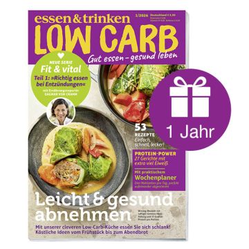 Abbildung Low Carb Cover mit Geschenk-Icon und der Aufschrift "1 Jahr"