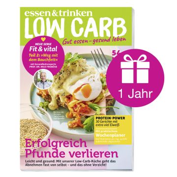 Abbildung Low Carb Cover mit Geschenk-Icon und der Aufschrift "1 Jahr"