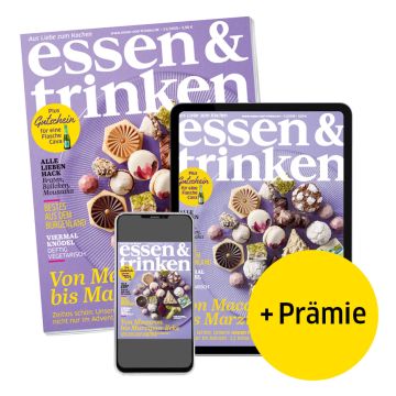 essen & trinken Abo Print + ePaper mit Prämie (Abbildung Heft, Tablet und Smartphone mit e&t-Cover)