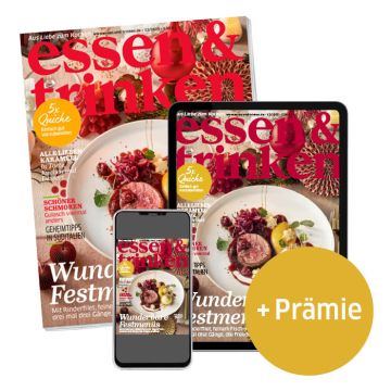 essen & trinken Abo Print + ePaper mit Prämie (Abbildung Heft, Tablet und Smartphone mit e&t-Cover)