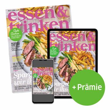 essen & trinken Abo Print + ePaper mit Prämie (Abbildung Heft, Tablet und Smartphone mit e&t-Cover)