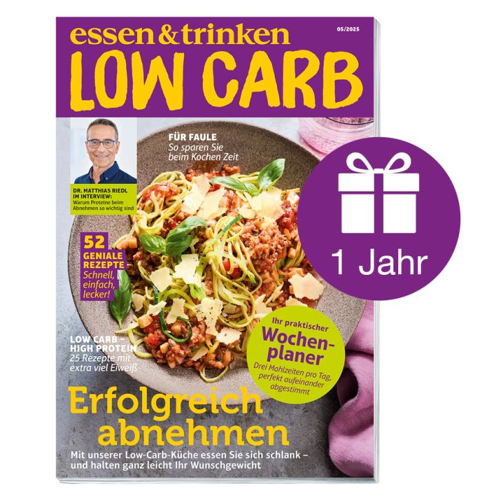 Abbildung Low Carb Cover mit Geschenk-Icon und der Aufschrift "1 Jahr"