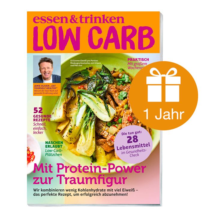 Abbildung Low Carb Cover mit Geschenk-Icon und der Aufschrift "1 Jahr"