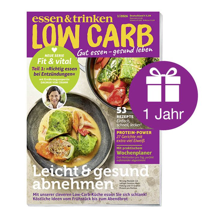 Abbildung Low Carb Cover mit Geschenk-Icon und der Aufschrift "1 Jahr"