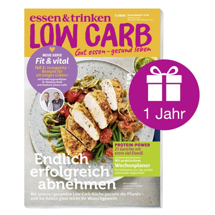Abbildung Low Carb Cover mit Geschenk-Icon und der Aufschrift "1 Jahr"