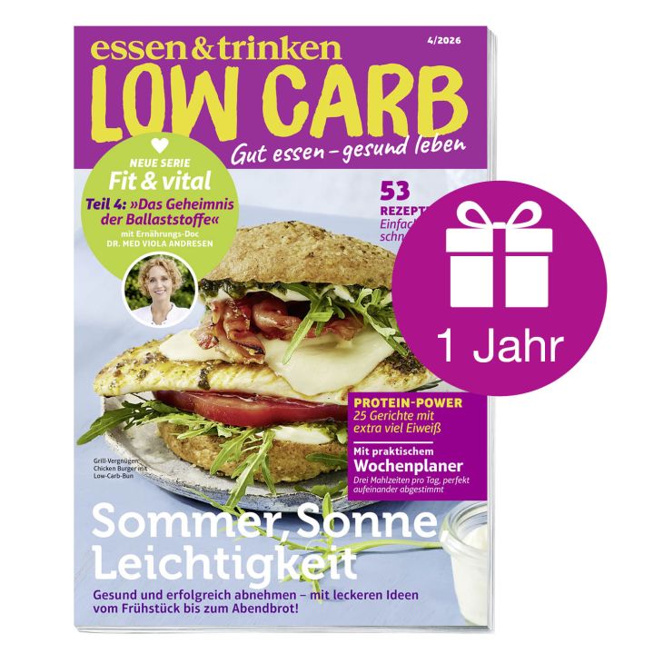 Abbildung Low Carb Cover mit Geschenk-Icon und der Aufschrift "1 Jahr"