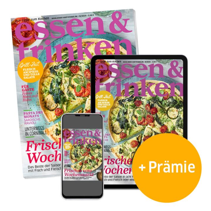 essen & trinken Abo Print + ePaper mit Prämie (Abbildung Heft, Tablet und Smartphone mit e&t-Cover)