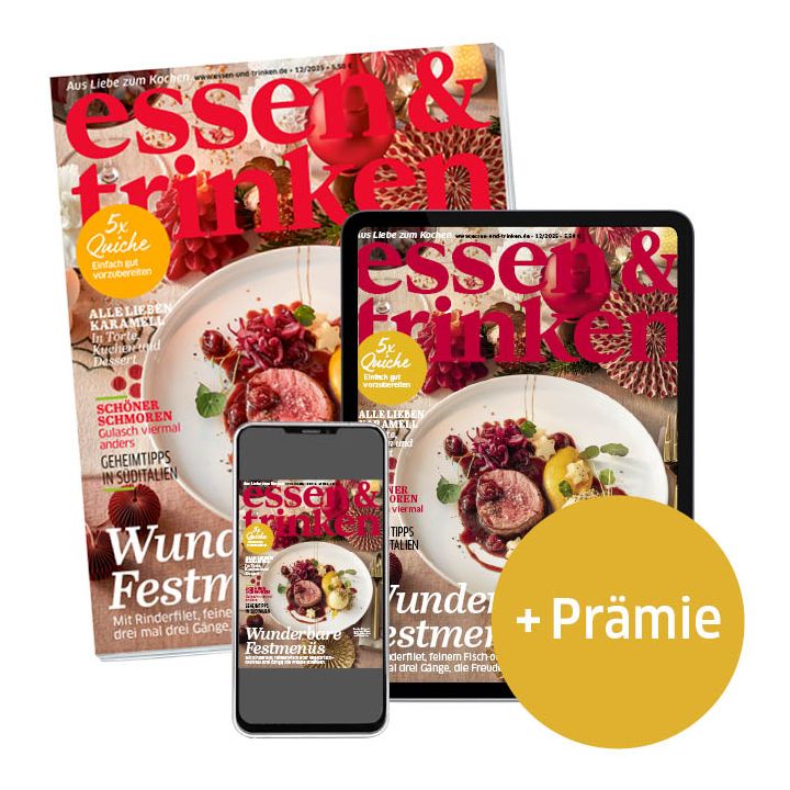 essen & trinken Abo Print + ePaper mit Prämie (Abbildung Heft, Tablet und Smartphone mit e&t-Cover)