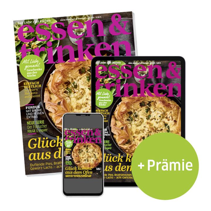 essen & trinken Abo Print + ePaper mit Prämie (Abbildung Heft, Tablet und Smartphone mit e&t-Cover)