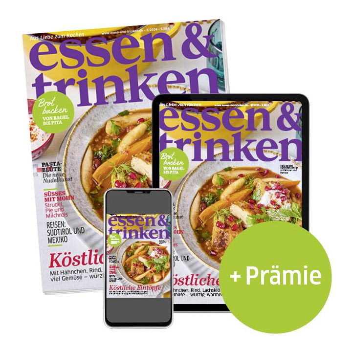 essen & trinken Abo Print + ePaper mit Prämie (Abbildung Heft, Tablet und Smartphone mit e&t-Cover)