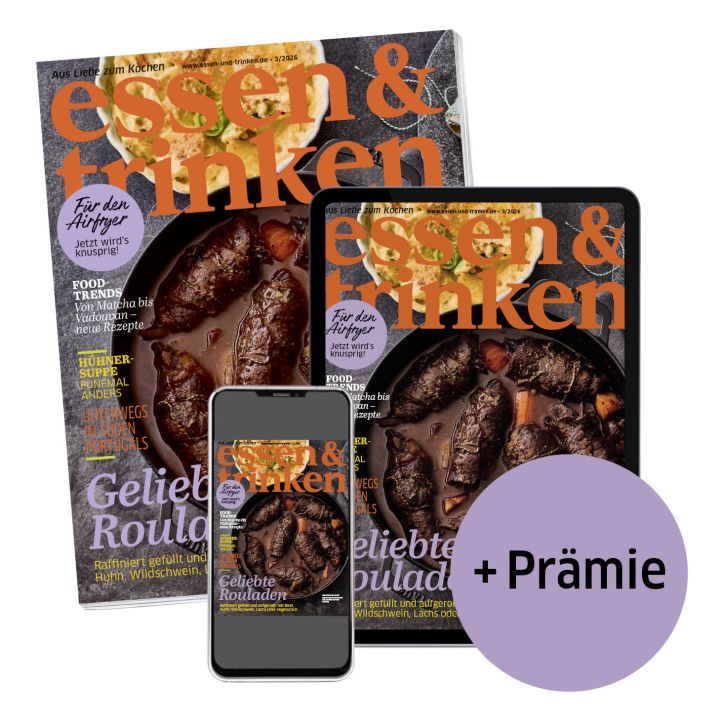 essen & trinken Abo Print + ePaper mit Prämie (Abbildung Heft, Tablet und Smartphone mit e&t-Cover)